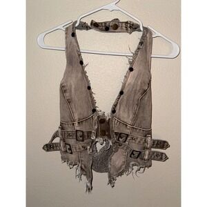 R Denim Distressed Halter Top Brown Buckle Strap Cropped Vest Womens Size 6